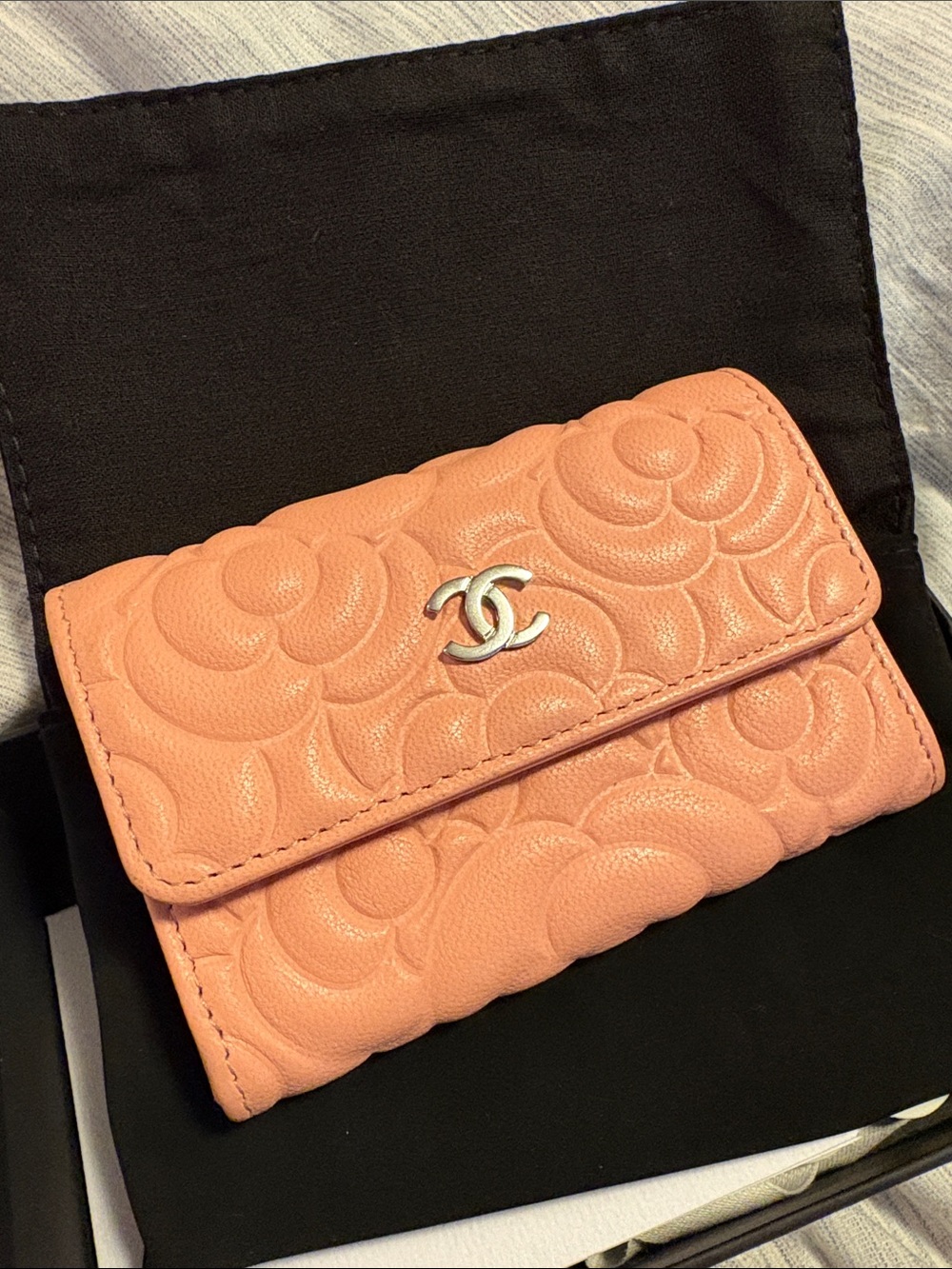 CHANEL Pink Camellia Leather Wallet with Silver CC